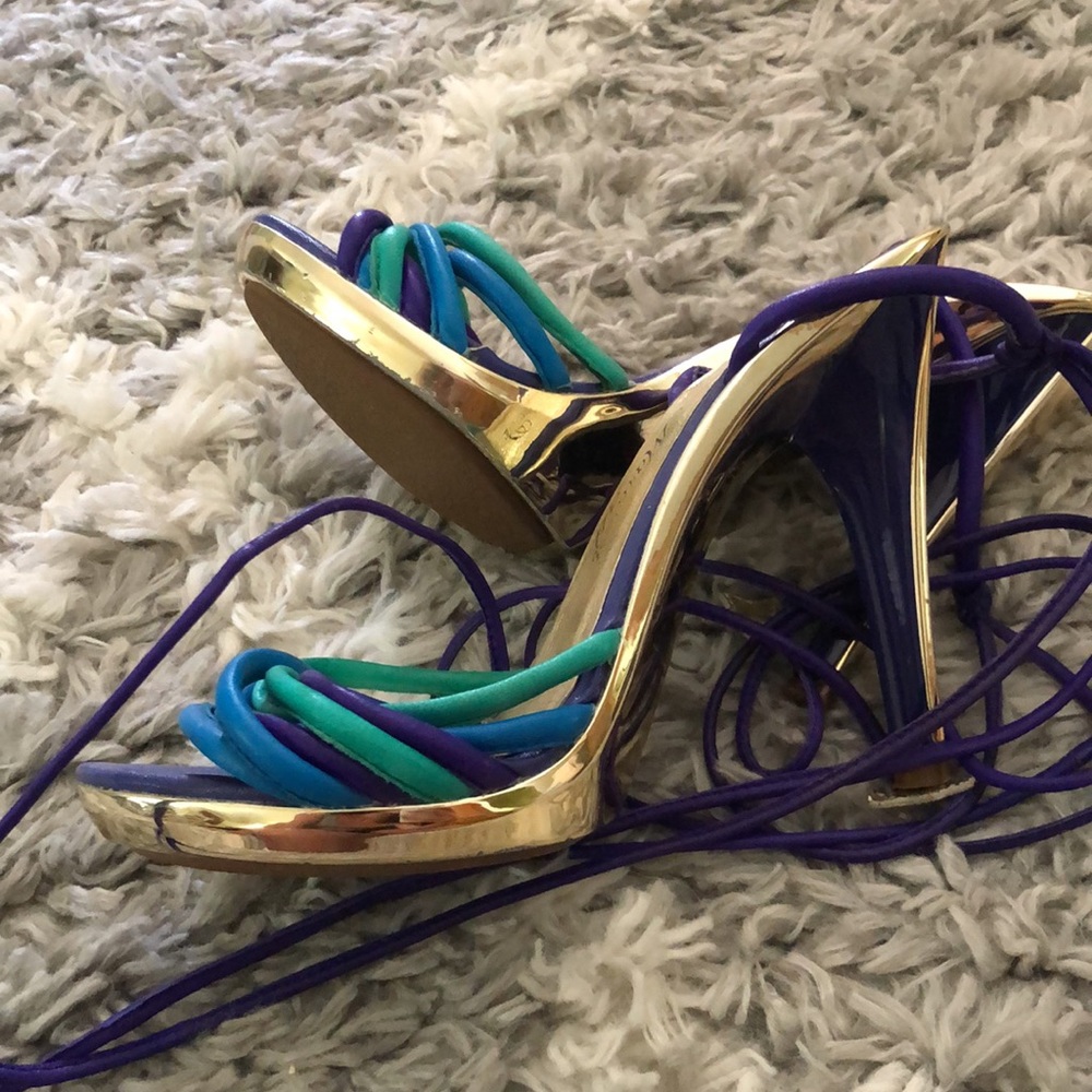 Real Leather purple blue green and Gold high heels